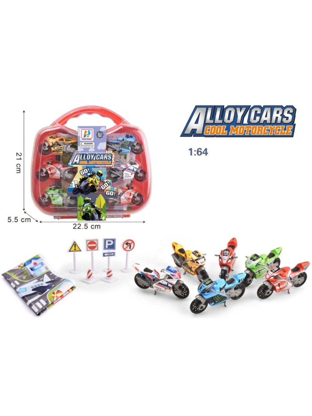 1:64 Diecast Alloy Motorcycle Toy Playset with Carry Case Road Signs & Play Mat